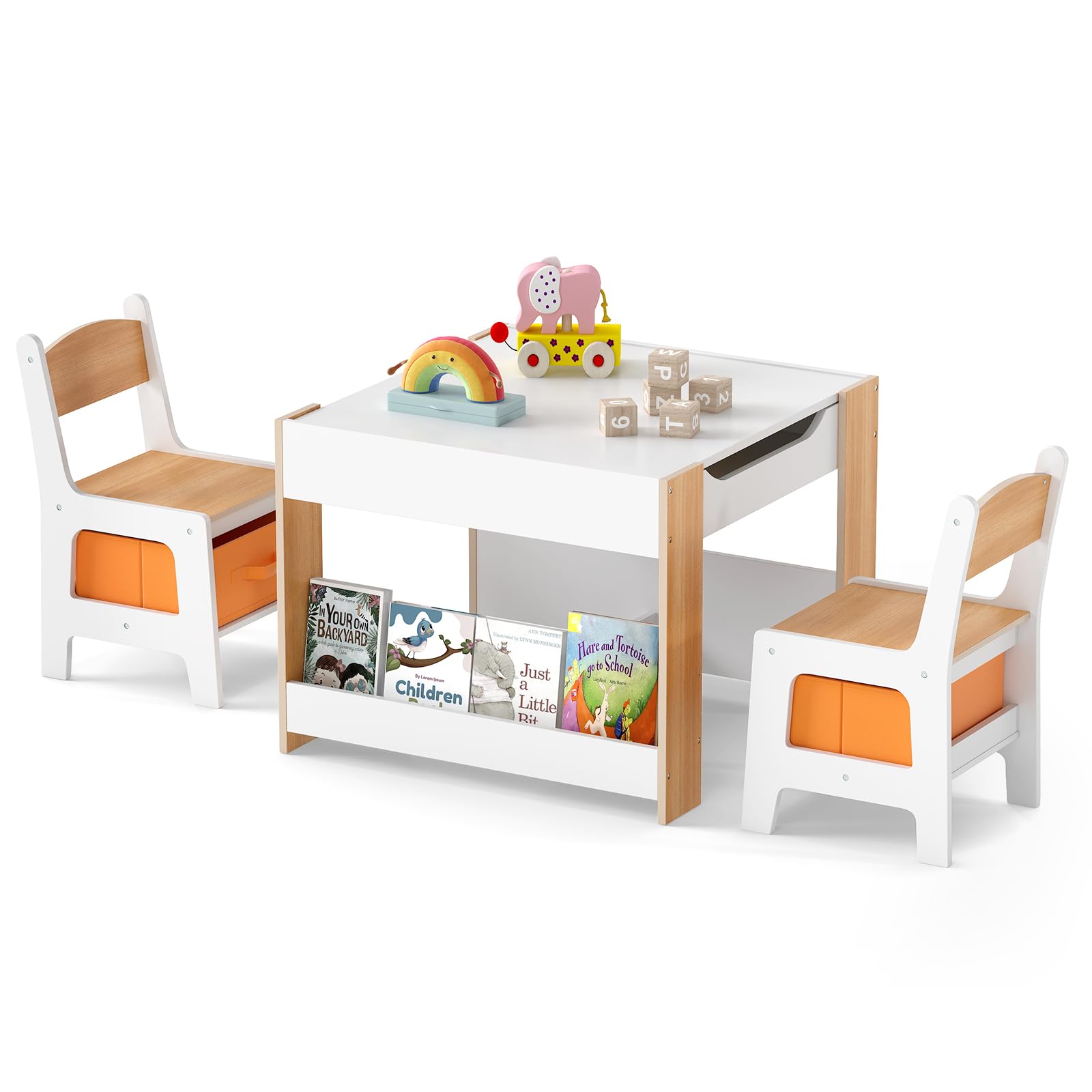 INFANS Kids Table and Chair Set, 4 in 1 Building Block Wooden Activity Desk with Reversible Tabletop for Toddlers
