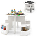 INFANS Toddler Table and Chair Set with 4 Storage Stools, Wooden Flower Shaped Nesting Table with Blackboard Drawers