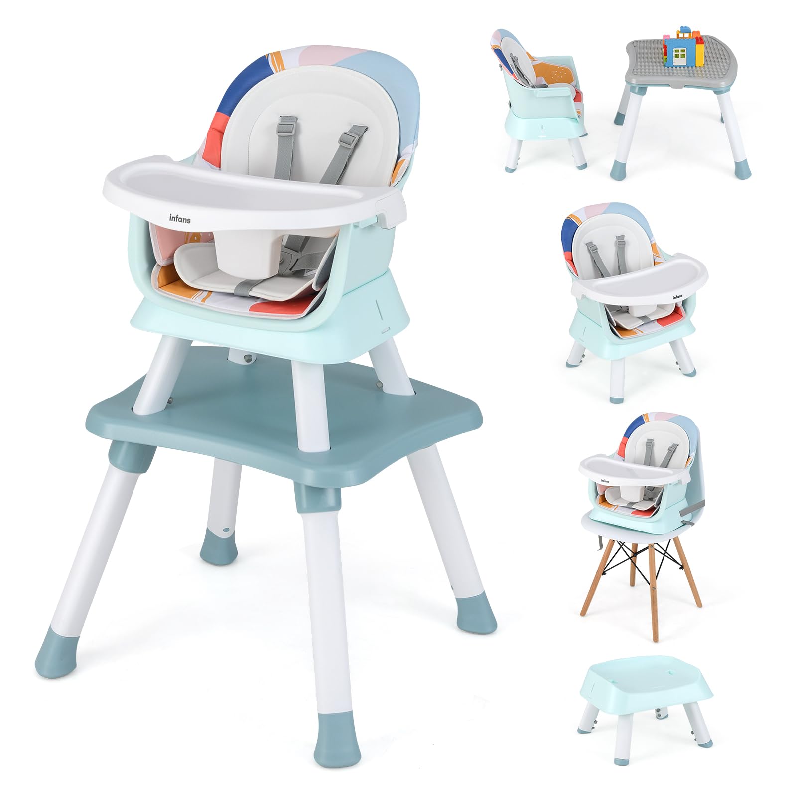 INFANS 8 in 1 Baby High Chair, Convertible Highchair for Babies and Toddlers, Infant Dining Booster Seat, Kids Stool Table Chair Set