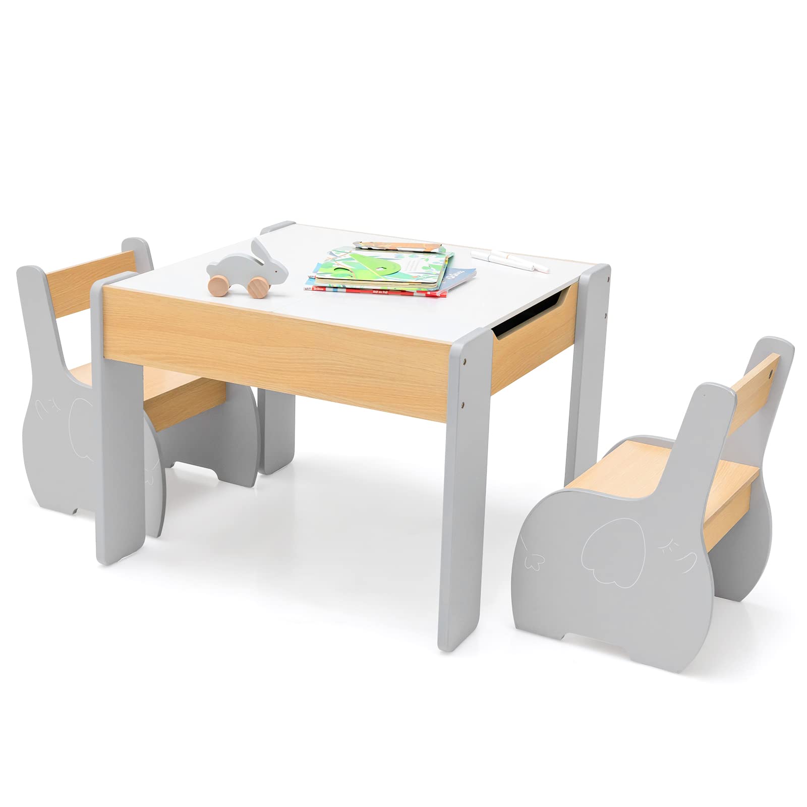 INFANS 3 in 1 Kids Table and Chair Set, Wood Multi Activity Table with Removable Tabletop, Detachable Blackboard