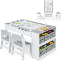 INFANS 3 in 1 Kids Art Table and Chair Set, Toddler Craft Play Wood Activity Desk with 2 Chairs Storage Canvas Bins