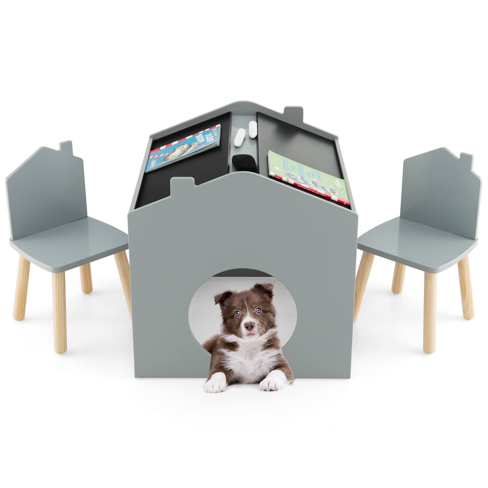 INFANS Kids Table and Chair Set, Wood Multi Activity Table with Blackboard for Toddler Playing Drawing Reading Arts Crafts