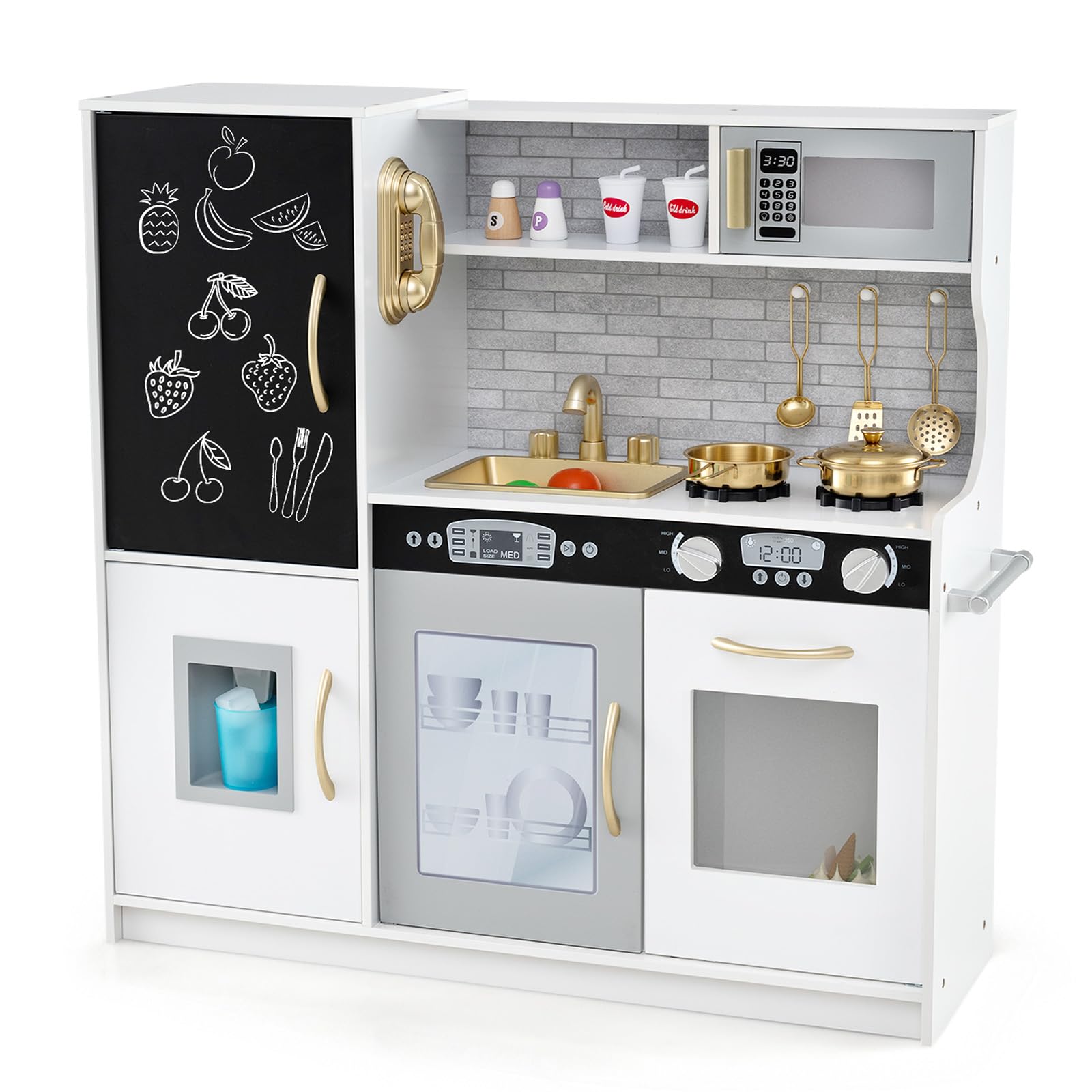 Wooden Play Kitchen for Toddlers with Chalkboard Fridge Ice Maker Telephone Microwave Oven Stove Sink