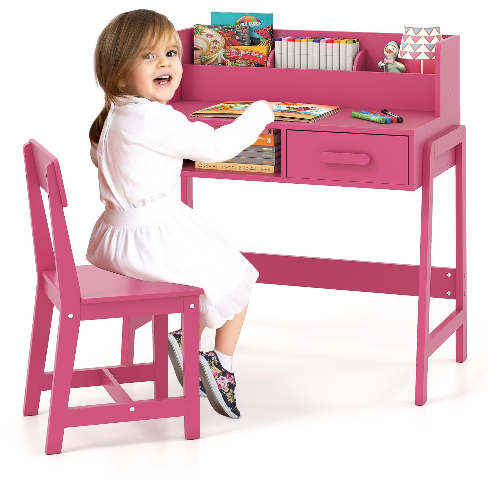 INFANS Table and Chair Set, Toddler Wooden Student Study Desk with Chair Storage Hutch Compartments Drawers