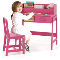 INFANS Table and Chair Set, Toddler Wooden Student Study Desk with Chair Storage Hutch Compartments Drawers