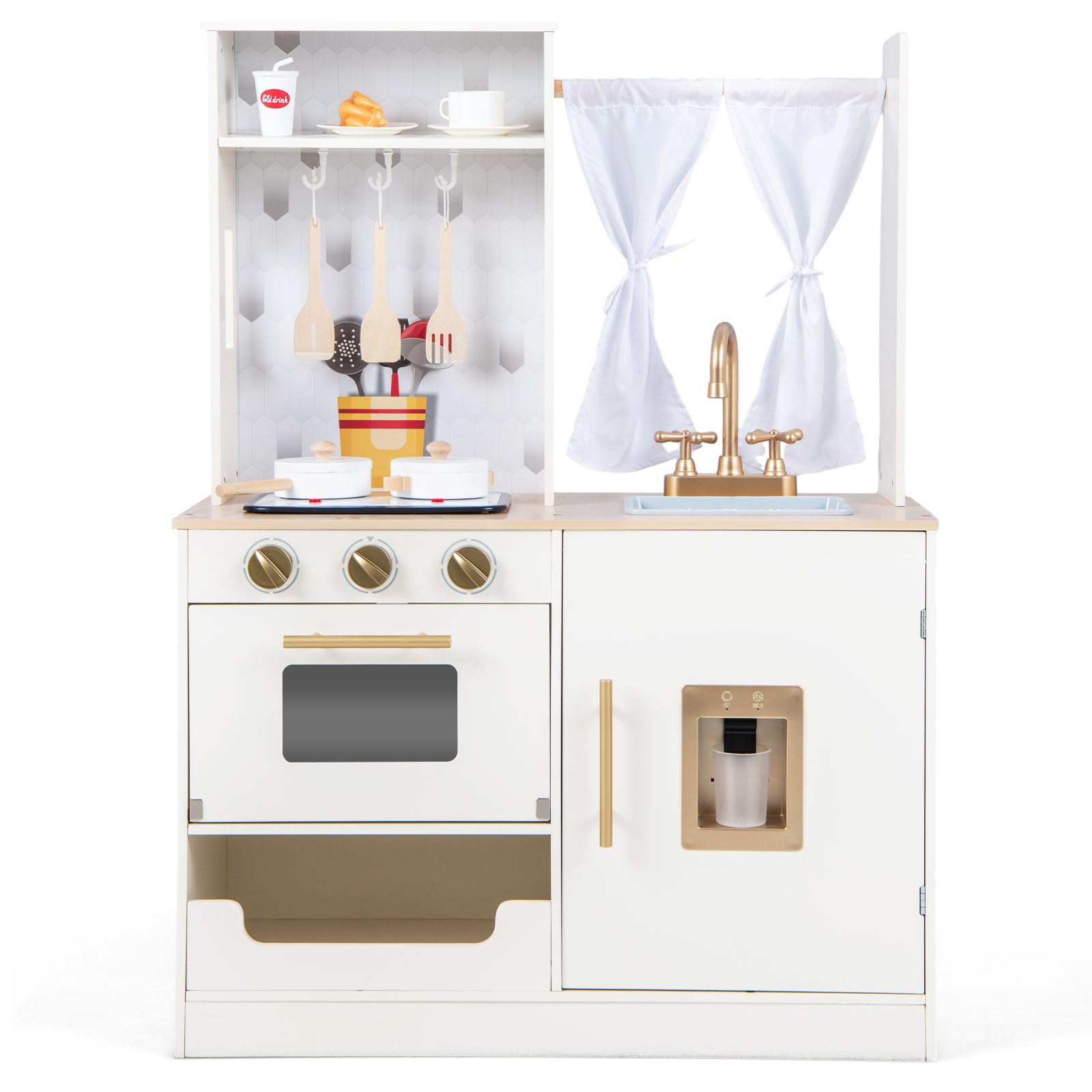 INFANS Kids Kitchen Playset, Toddler Wooden Pretend Cooking Set Microwave, Simulation Play Kitchen Toy for Children