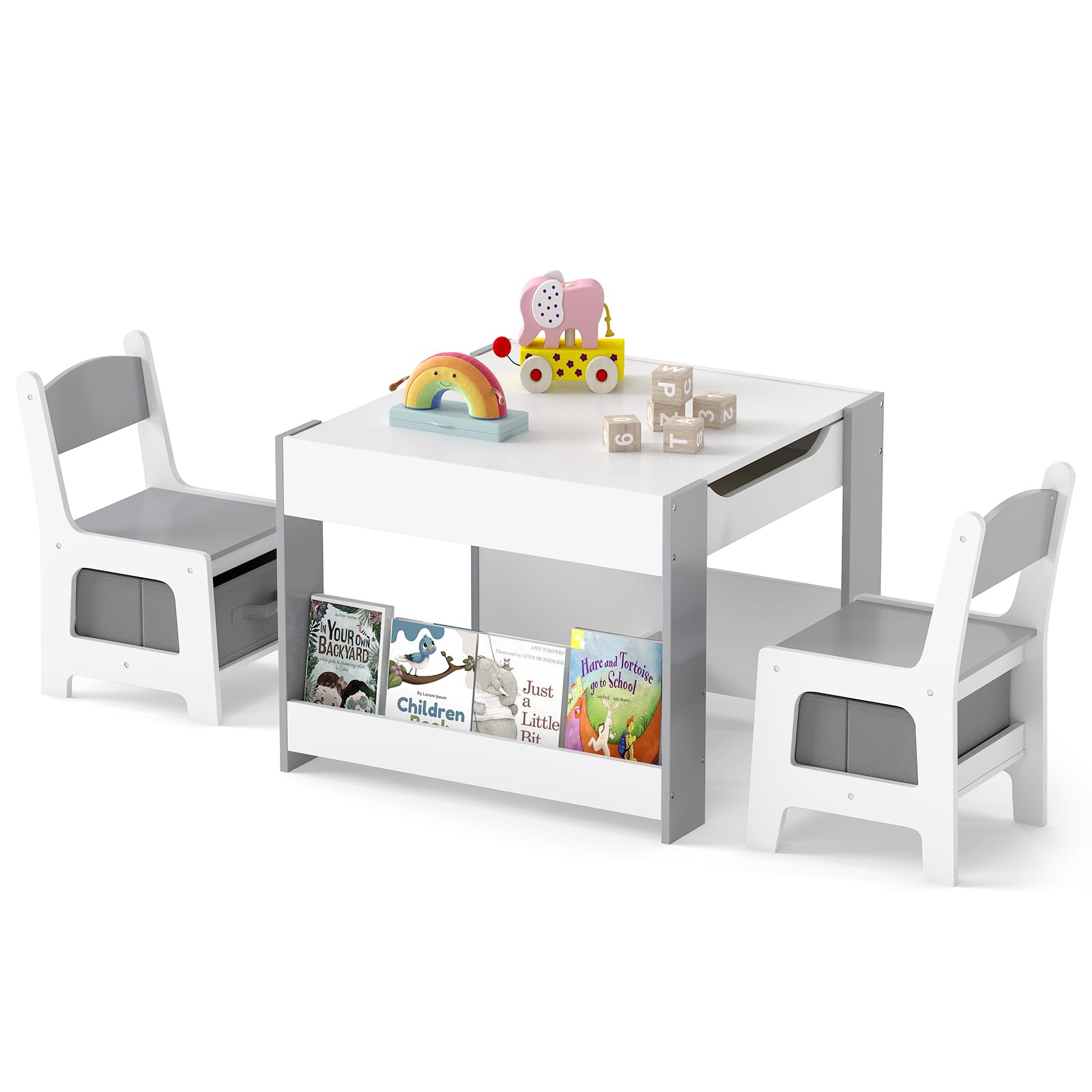 INFANS Kids Table and Chair Set, 4 in 1 Building Block Wooden Activity Desk with Reversible Tabletop for Toddlers