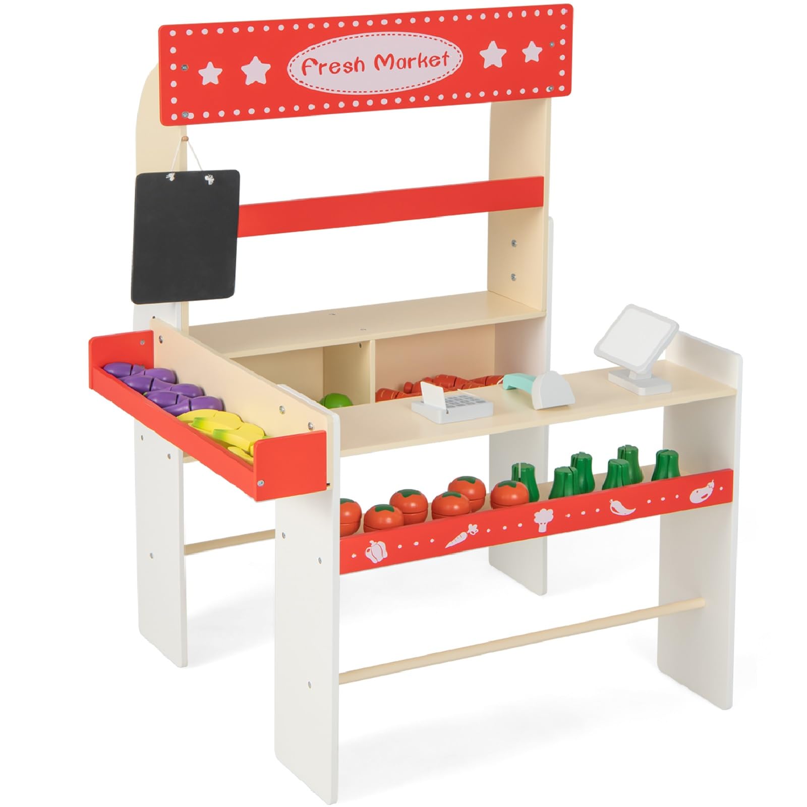 INFANS Grocery Store Marketplace Toy, Kids Wooden Market Stand Pretend Play Set