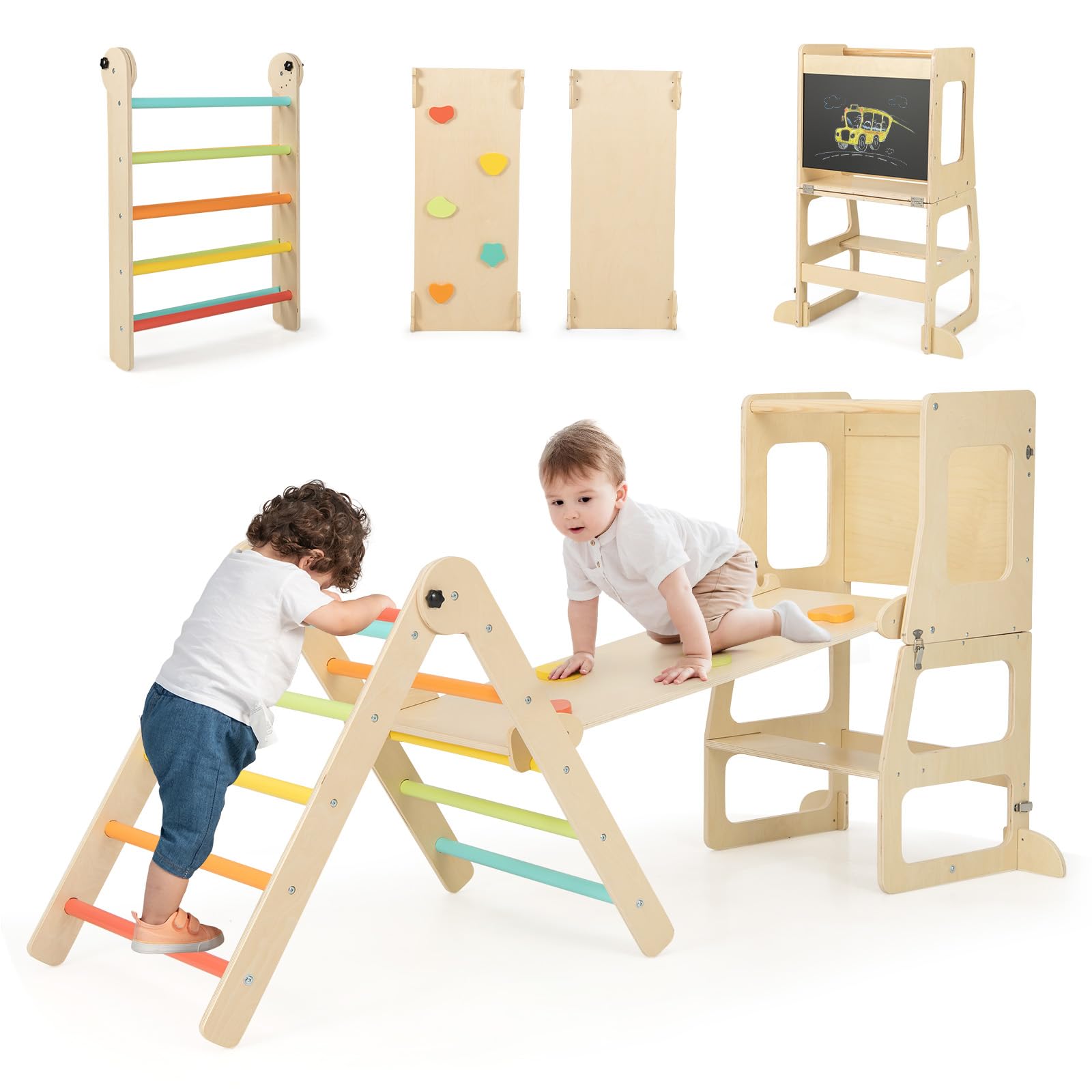 INFANS Climbing Toys for Toddlers, 8 in 1 Foldable Wood Pikler Montessori Jungle Gym, Indoor Kids Playground Climber Triangle Set