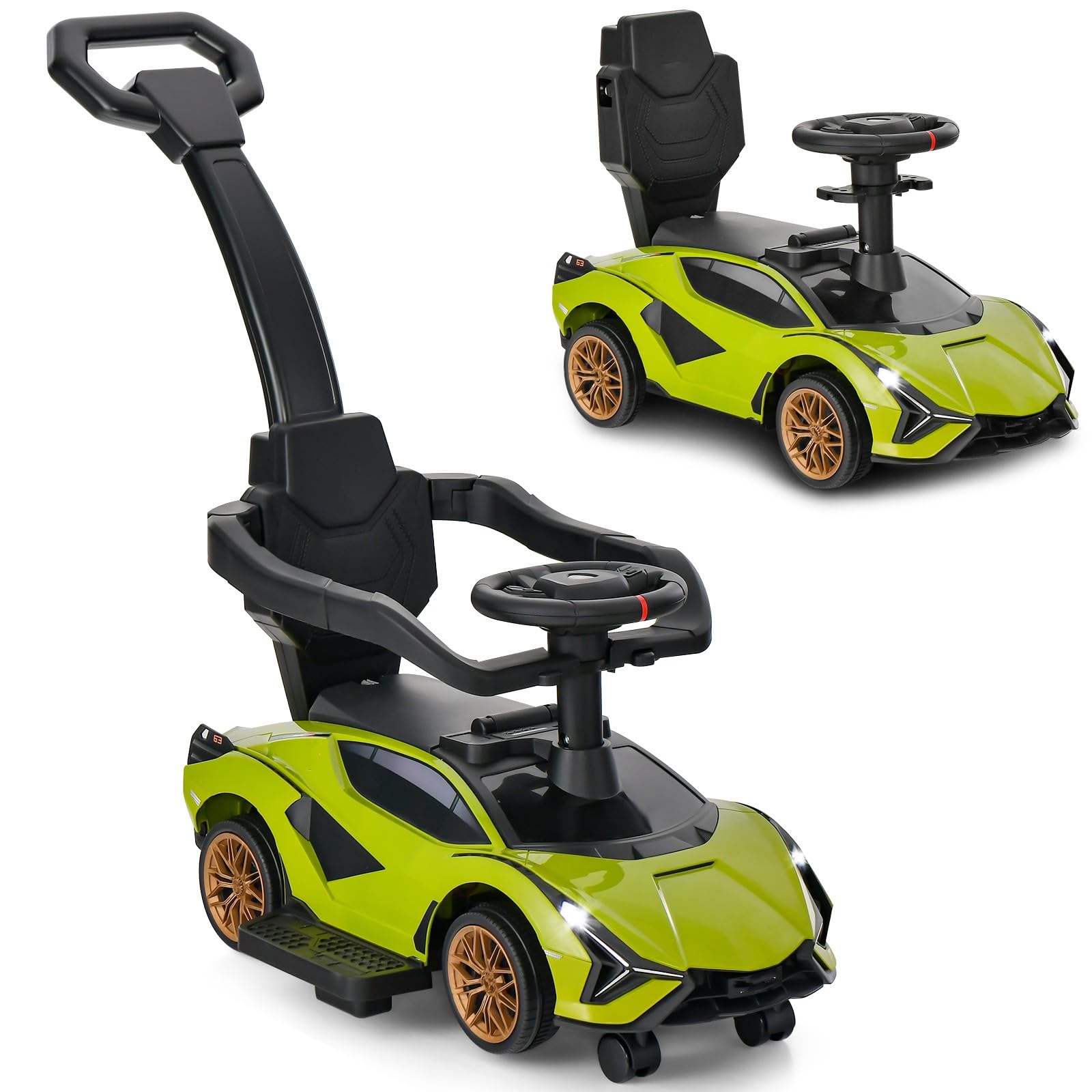 INFANS 3 in 1 Ride on Push Car, Licensed Lamborghini Baby Stroller Sliding Walking Car with Push Handle