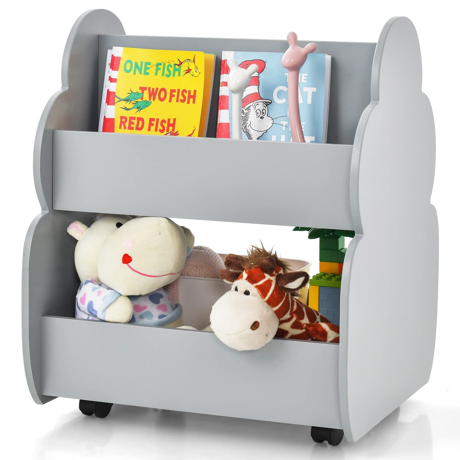 INFANS Kids Bookshelf with Wheels, Wooden Bookcase Toy Storage Cabinet Organizer Holder