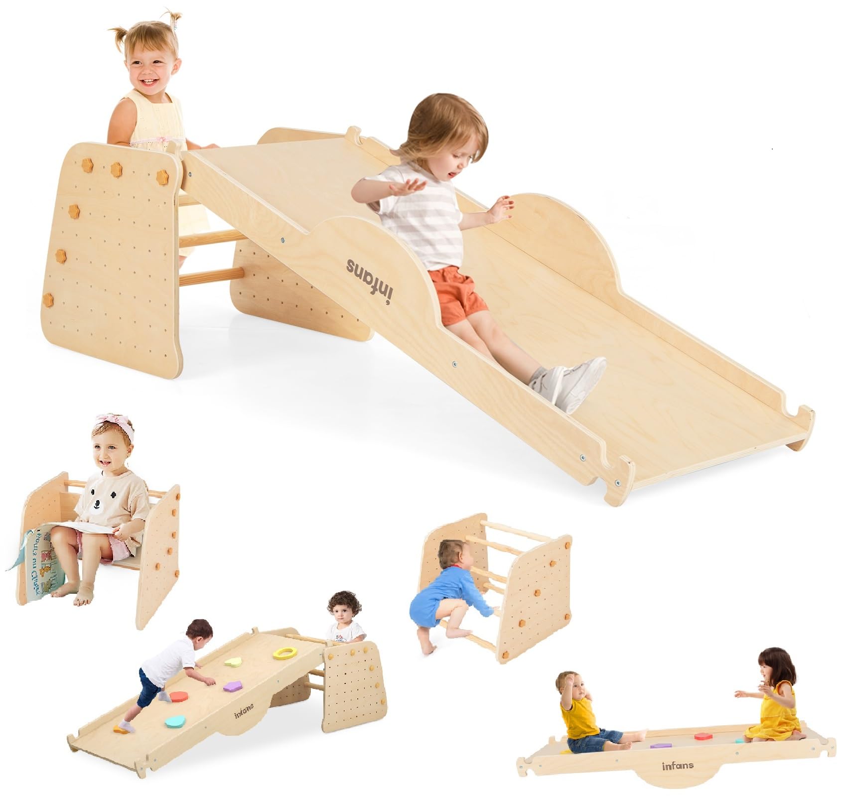 INFANS 7 in 1 Climbing Toys for Toddlers, Upgrade Wooden Montessori Cube Climber Set with Reversible Ramp Slide