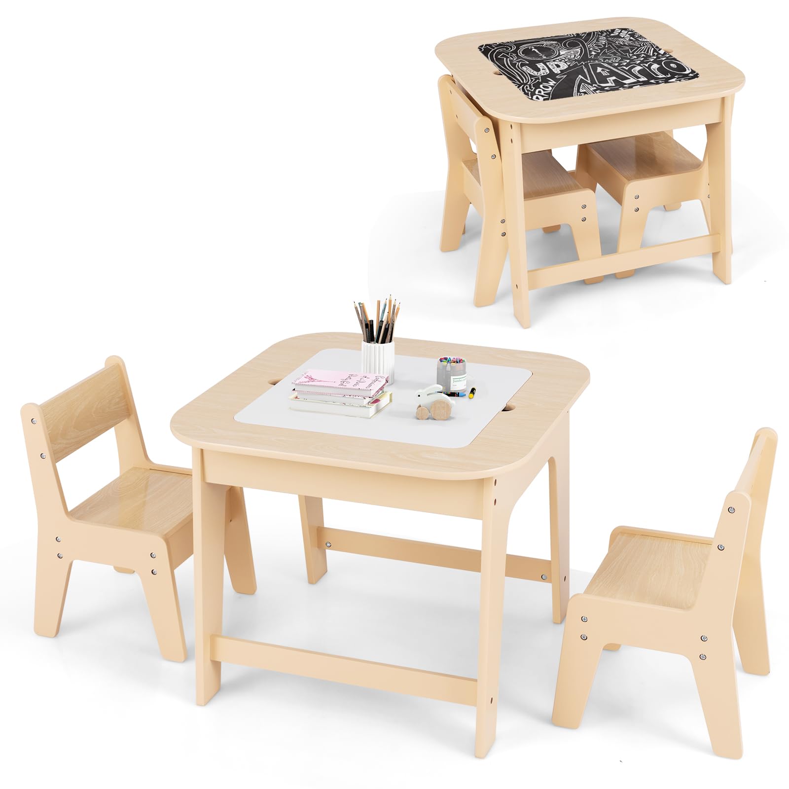 INFANS Kids Table and Chair Set, 3 in 1 Wooden Activity Table with Removable Tabletop, Blackboard and Whiteboard