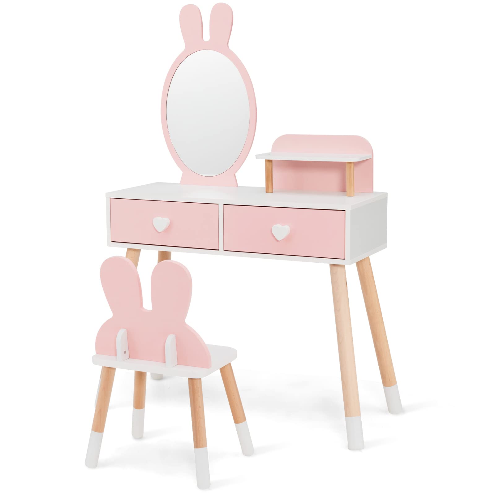 INFANS Kids Vanity Set, 2 in 1 Wooden Princess Makeup Table and Chair with Mirror