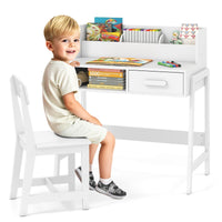 INFANS Table and Chair Set, Toddler Wooden Student Study Desk with Chair Storage Hutch Compartments Drawers