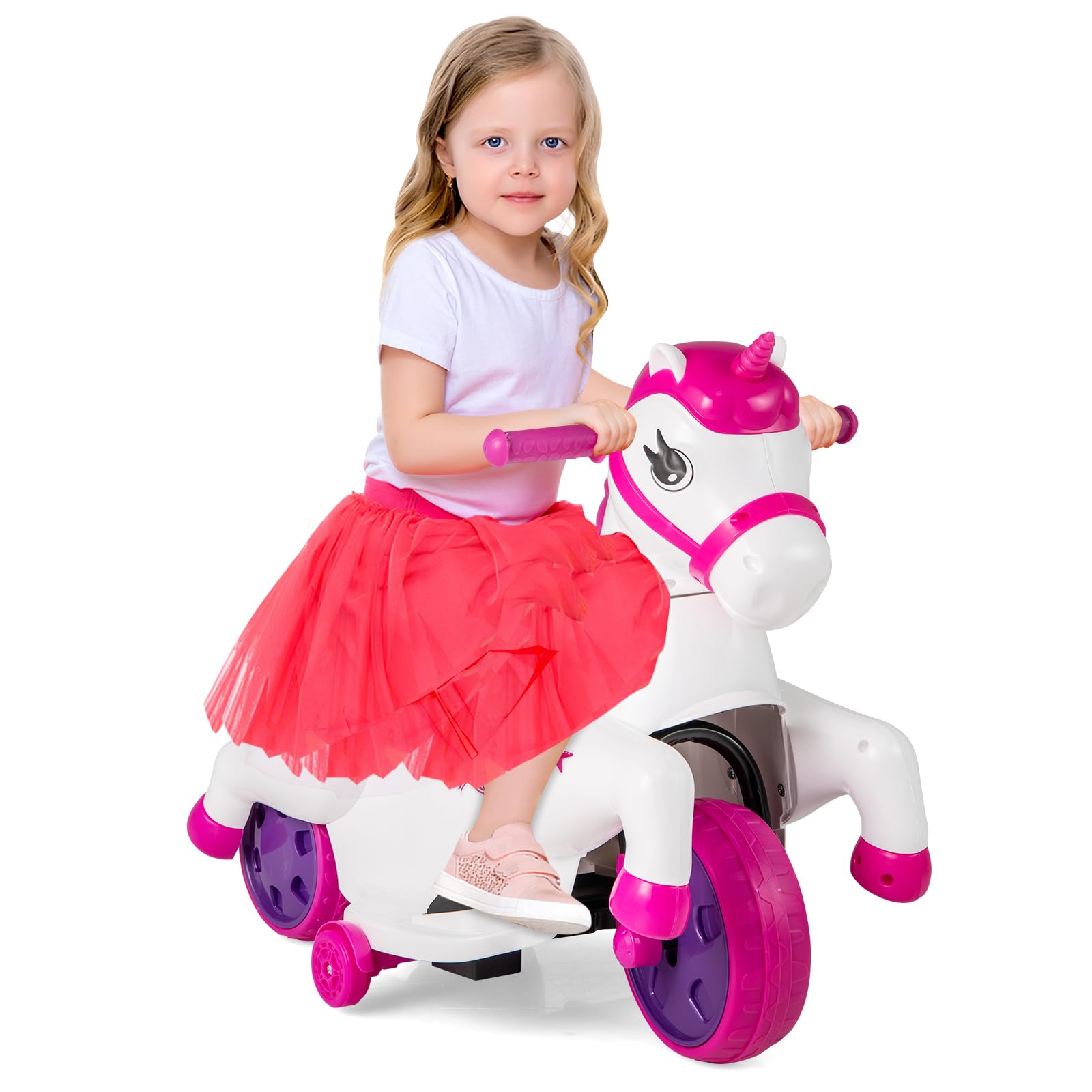 INFANS 2 in 1 Ride on Motorcycle and Horse, Unicorn 6V Battery Powered Ride on Toy with Up & Down Function, Kids Electric Vehicle
