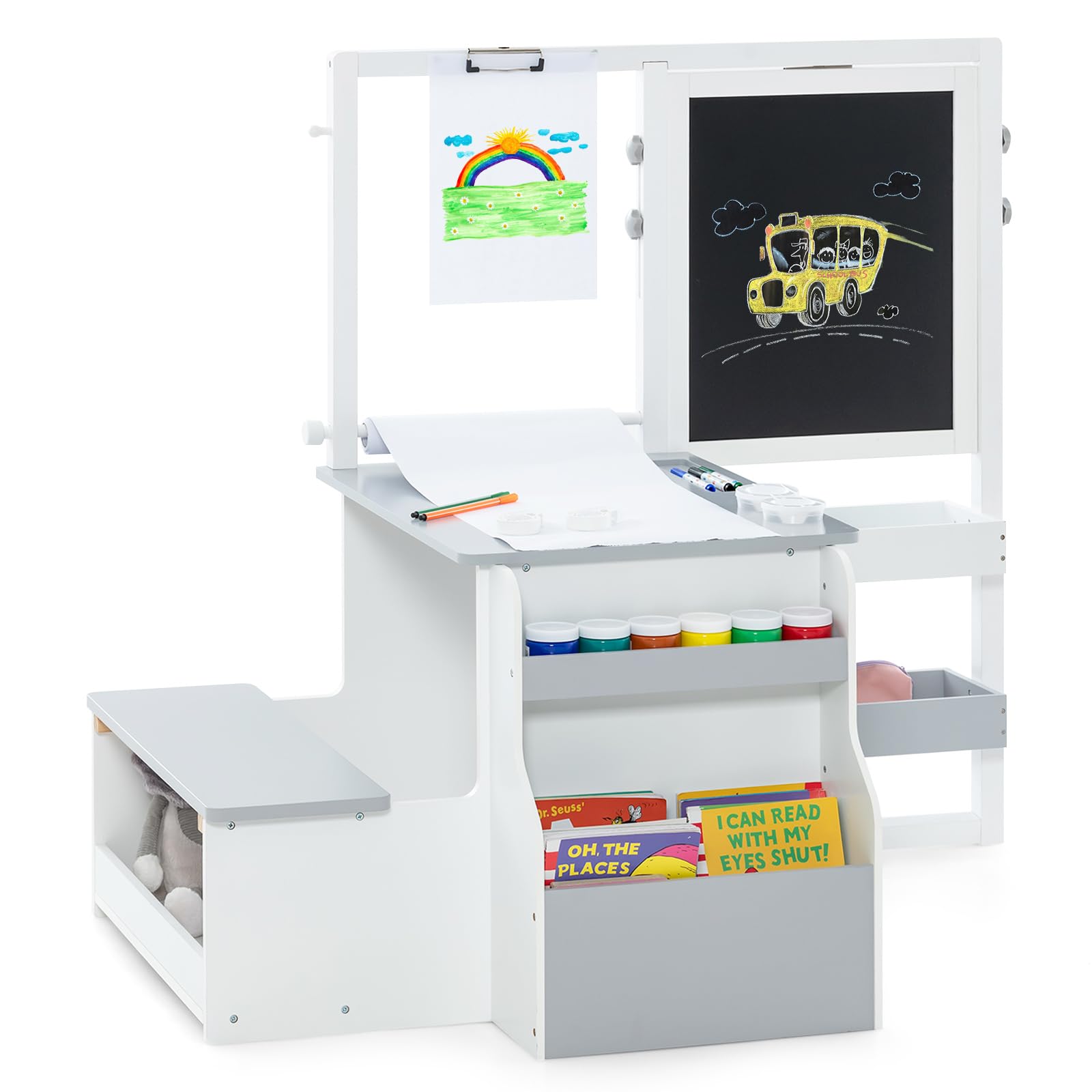 INFANS 3 in 1 Kids Art Table and Chair Set, Toddler Wood Activity Desk with Double-Sided Easel, Children Furniture