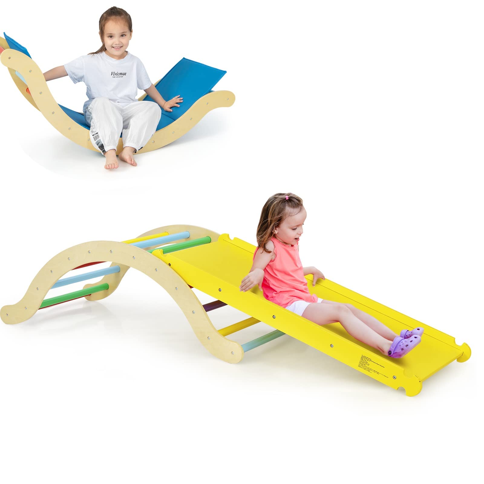 3 in 1 Kids Wooden Pikler Montessori Arch Climbing Rocker with Ramp Ladder Cushion Pad