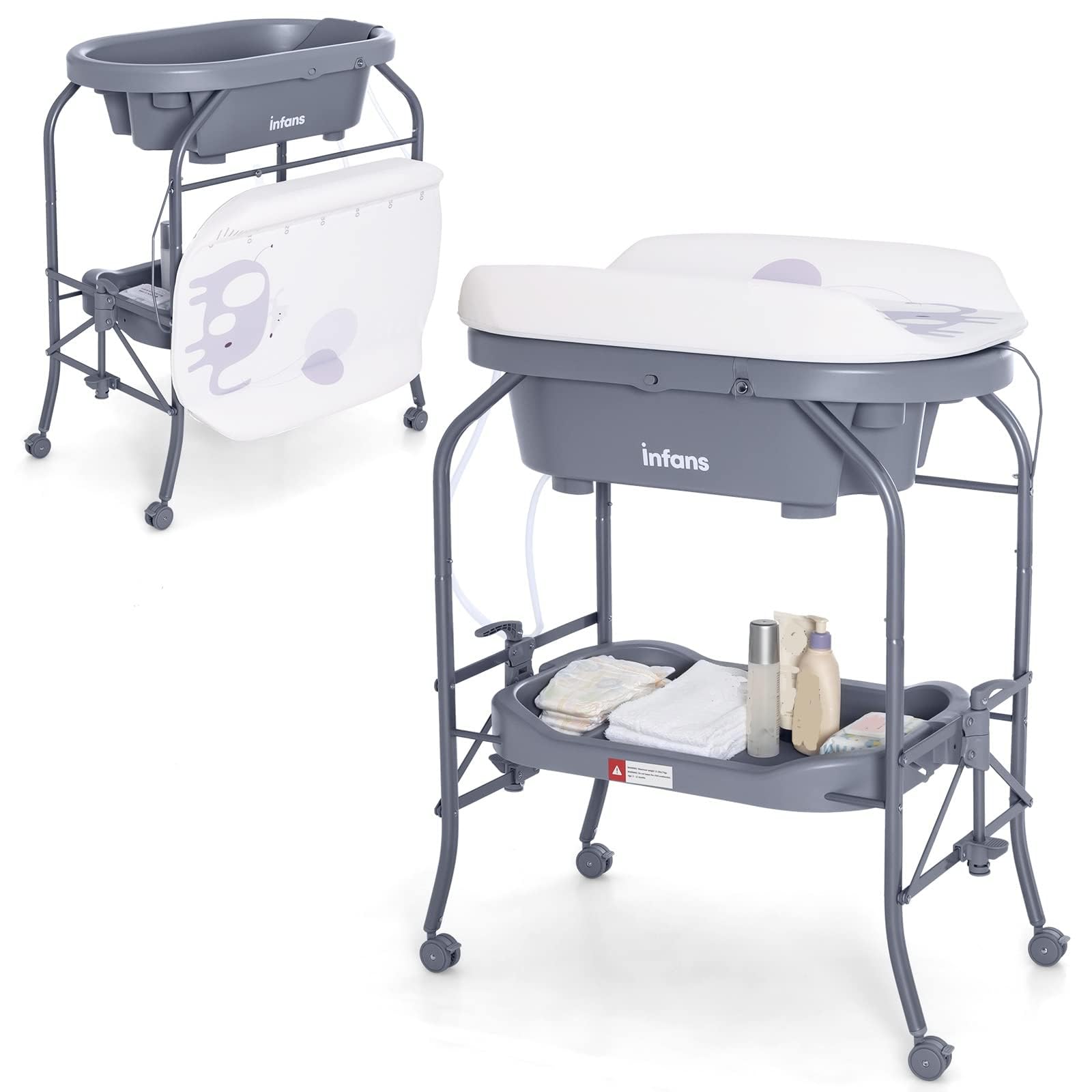 INFANS 2 in 1 Baby Changing Table with Bath Tub Unit, Folding Diaper Dresser Station with Wheels Waterproof Pad