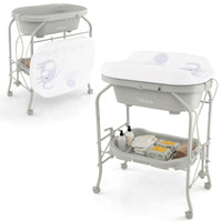 INFANS 2 in 1 Baby Changing Table with Bath Tub Unit, Folding Diaper Dresser Station with Wheels Waterproof Pad