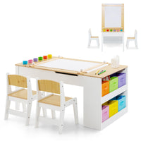 INFANS 3 in 1 Kids Art Table and Chair Set, Toddler Craft Play Wood Activity Desk with 2 Chairs Storage Canvas Bins