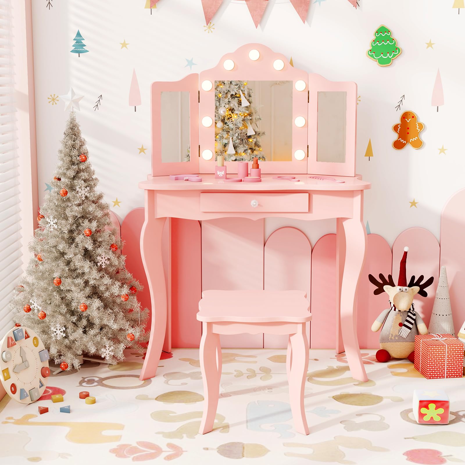 2 in 1 Wooden Kids Vanity with Lights and Tri-Folding Mirror