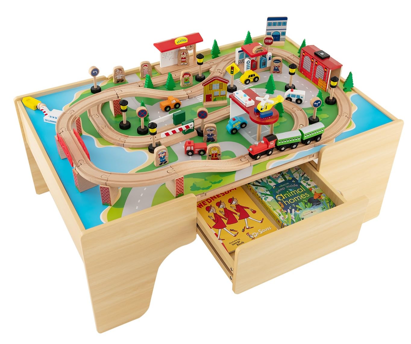 INFANS Train Table 84 Pieces Wooden Kids Activity Toy Table Playset with Reversible Detachable Tabletop