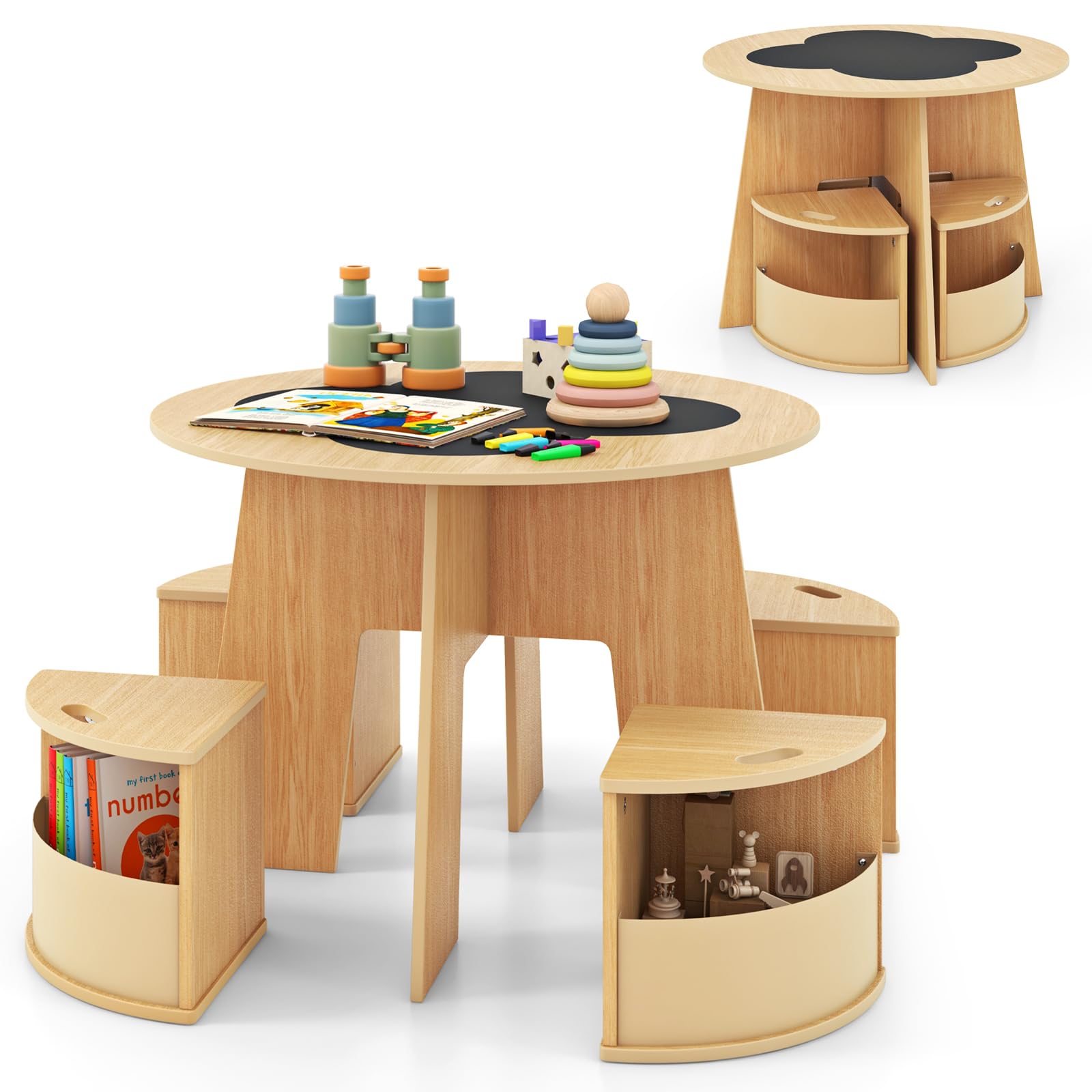 INFANS Toddler Table and Chair Set with 4 Storage Stools, Wooden Flower Shaped Nesting Table with Blackboard Drawers