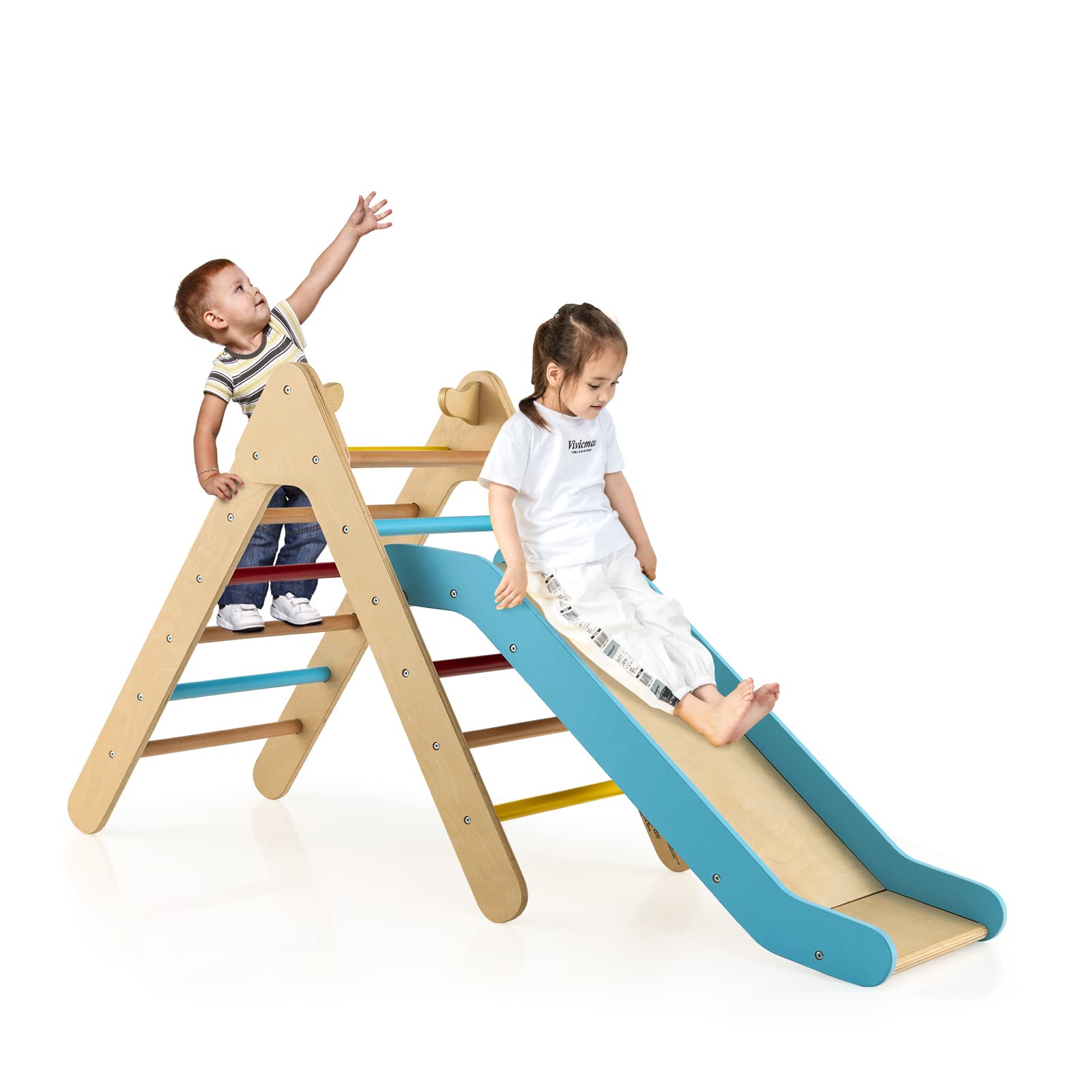 INFANS Toddlers Triangle Climber, 2 in 1 Montessori Kids Wood Climbing Toy, Baby Climb Play Structure Activity Set