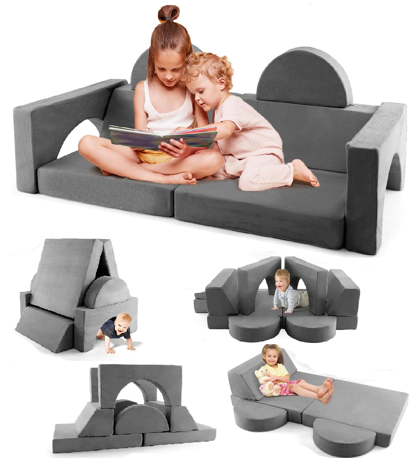 INFANS Mondular Kids Play Couch, 8PCS Toddler Sectional Sofa Building Fort for Bedroom, Imaginative Convertible Floor Cushion