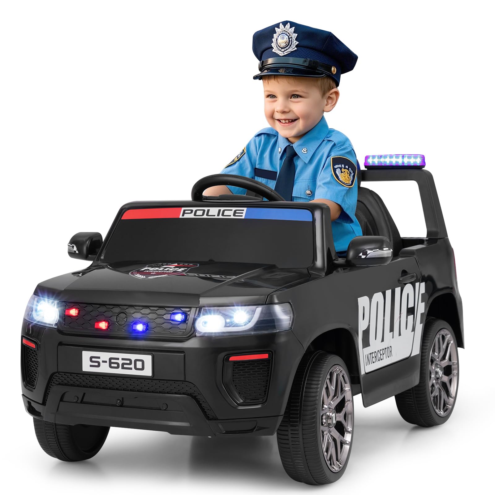 INFANS Ride on Police Car, 12V Kids Battery Powered Electric Vehicle with Siren, Flashing Lights, Bluetooth, Power Display