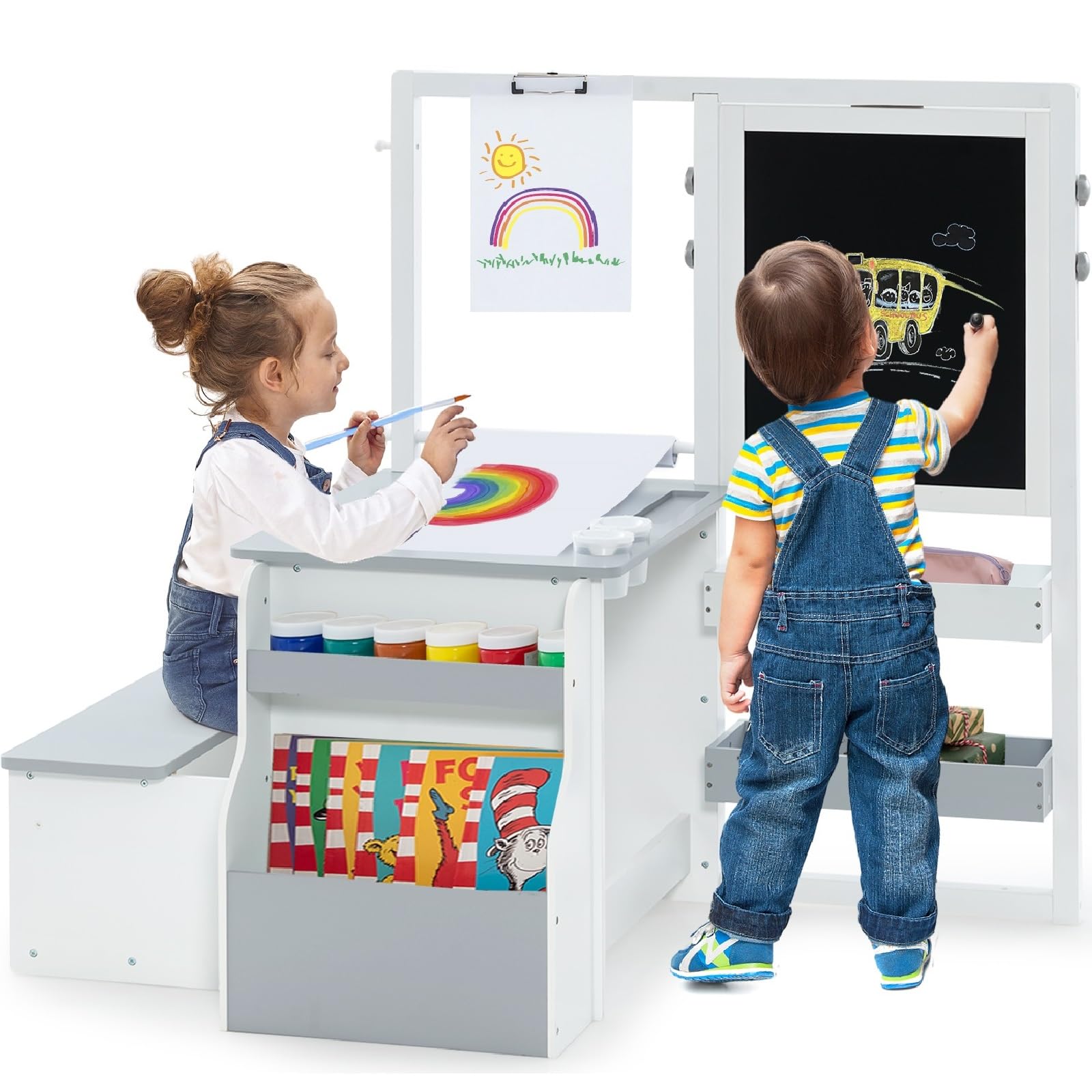 INFANS 3 in 1 Kids Art Table and Chair Set, Toddler Wood Activity Desk with Double-Sided Easel, Children Furniture