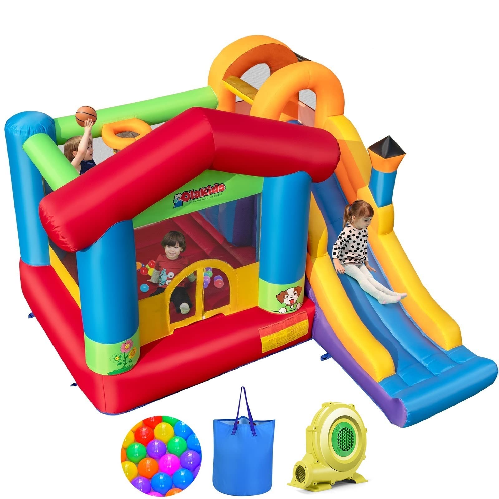 INFANS Inflatable Bounce House, Kids Jumping Castle with Slide, Basketball Rim, Climbing Wall