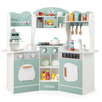 INFANS Corner Kids Kitchen Playset, Toddler Wooden Pretend Cooking Set with Lights Sounds Coffee Machine Washing Machine