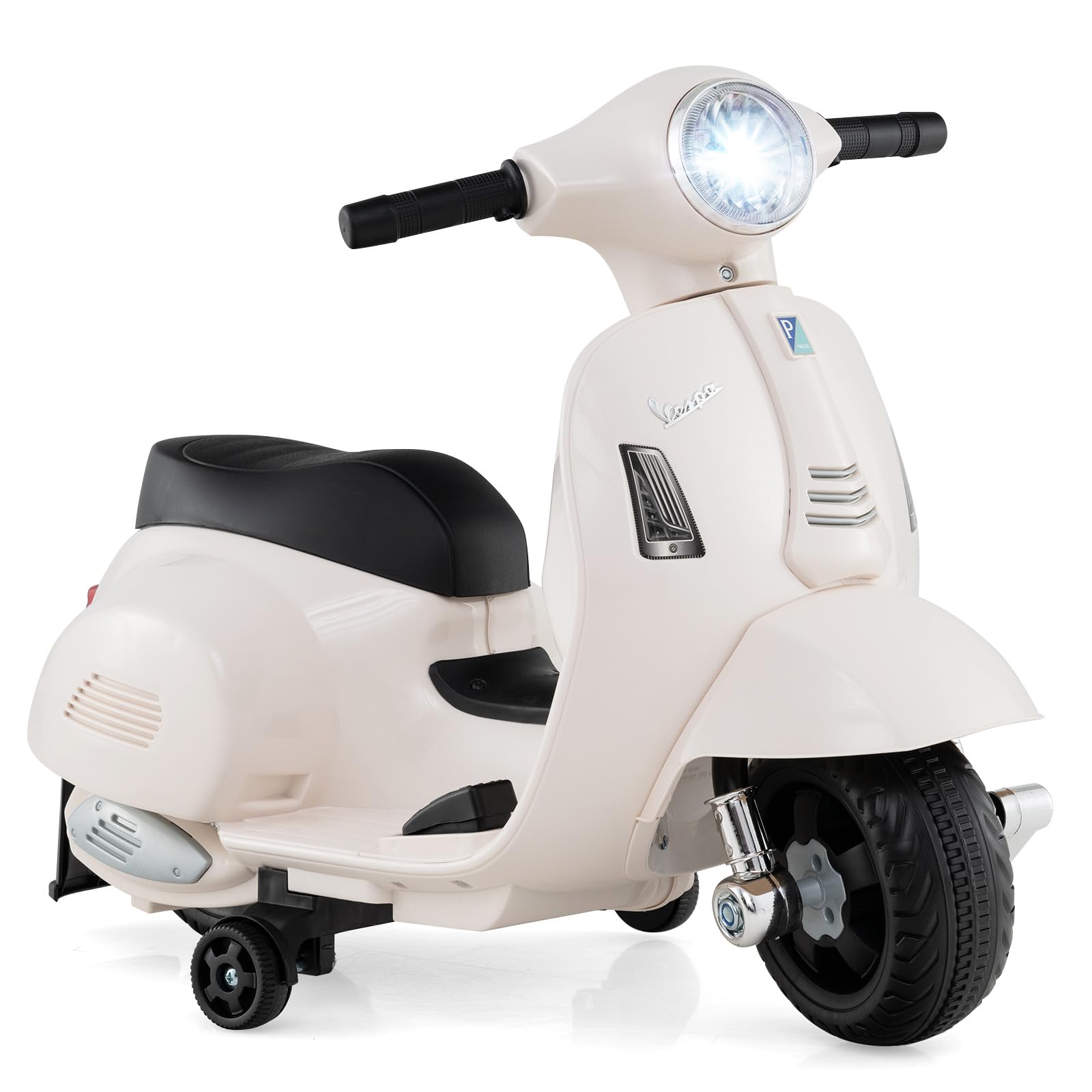 INFANS Licensed Vespa Kids Motorcycle, 6V Battery Powered Motorbike for Toddlers with Training Wheels, Horn, LED Lights