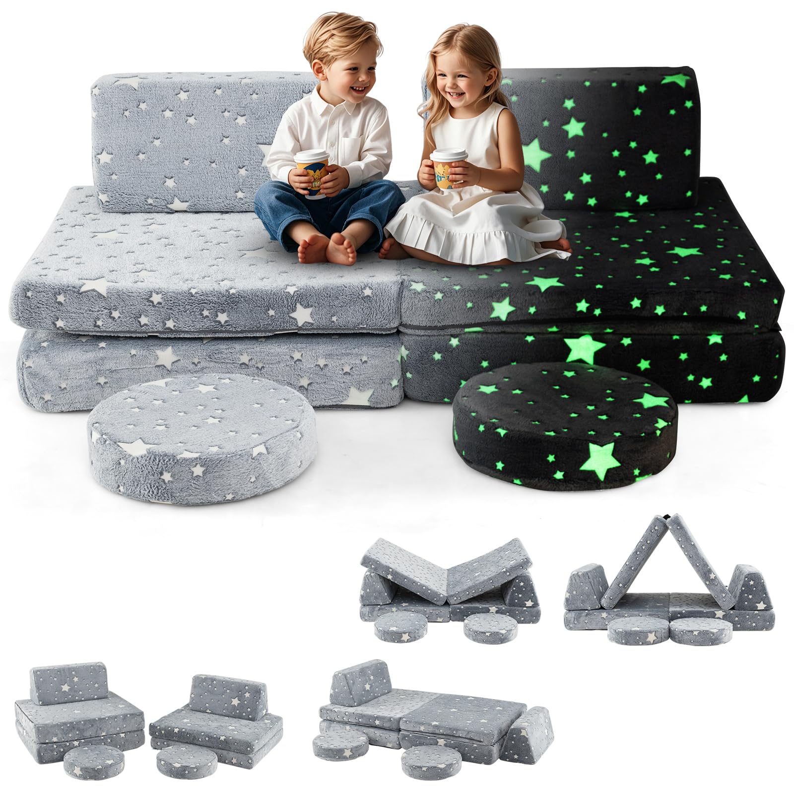 INFANS Modular Kids Play Couch, 6 PCS Toddler Creative Sectional Fort Building Sofa for Playroom, Bedroom