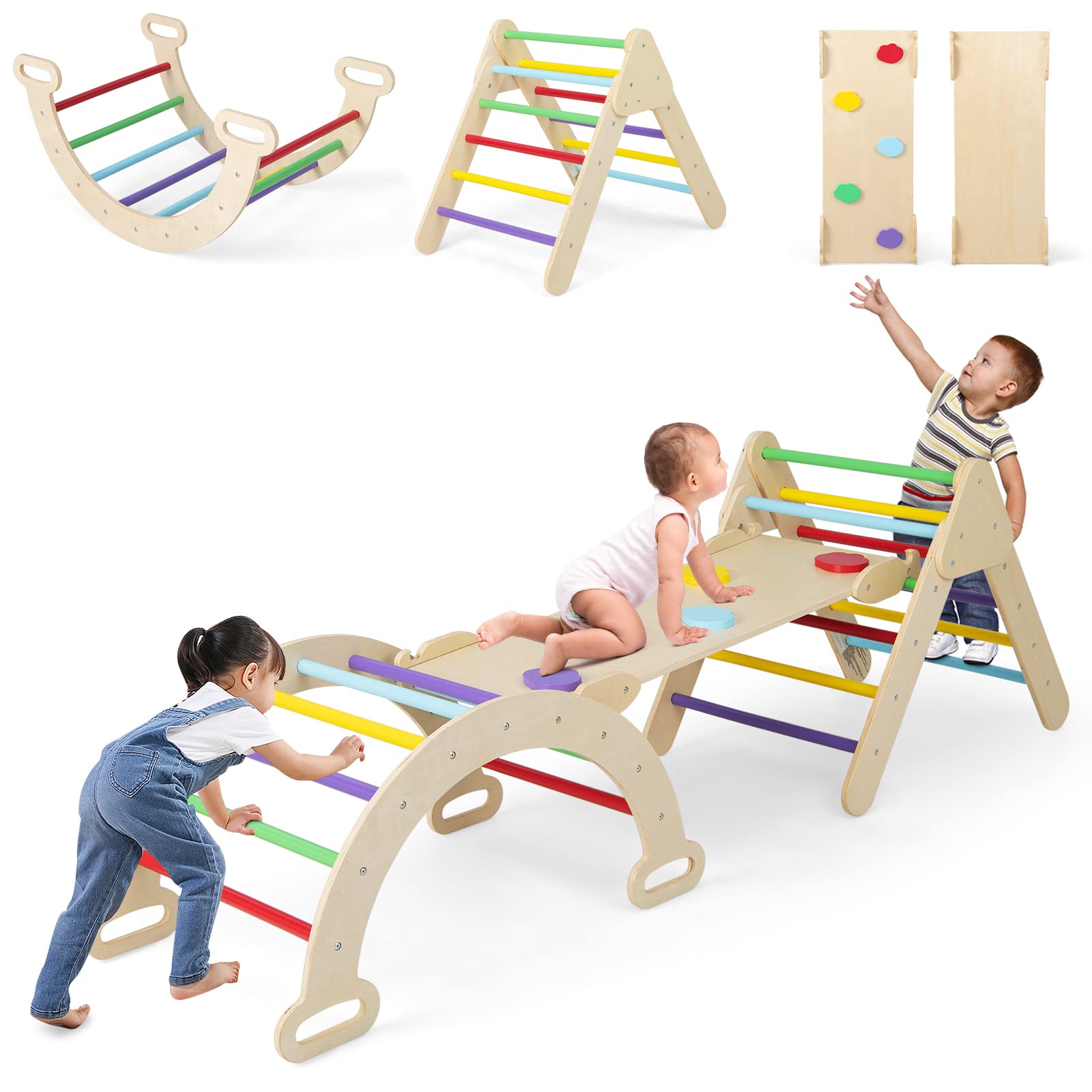 INFANS Climbing Toys for Toddlers, 5 in 1 Kids Wooden Montessori Triangle Set Climber Toy, Indoor Climb Activity