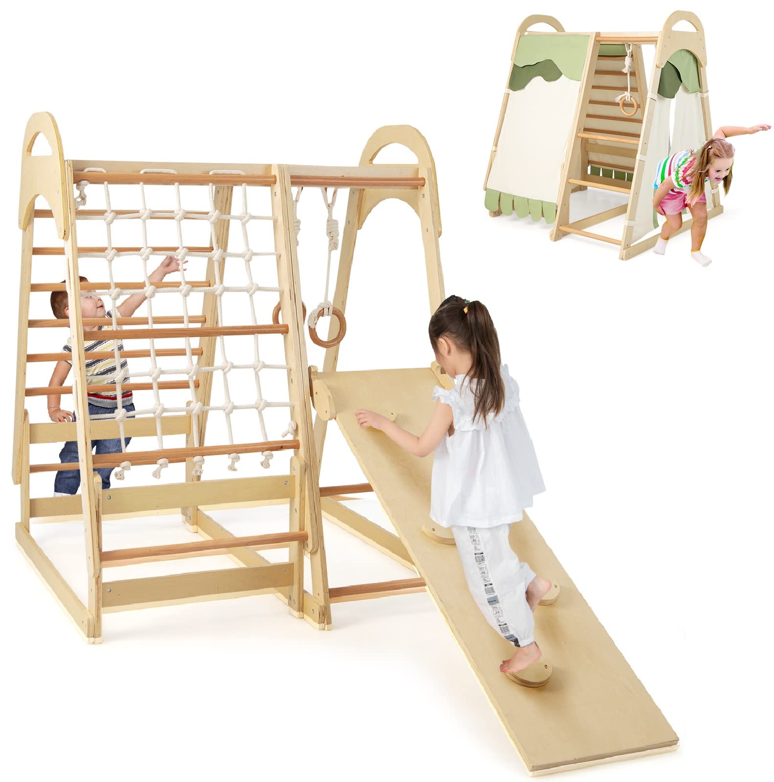 NFANS 7 in 1 Wooden Montessori Climber Playset with Tent Slide Climbing Rock Climbing Net