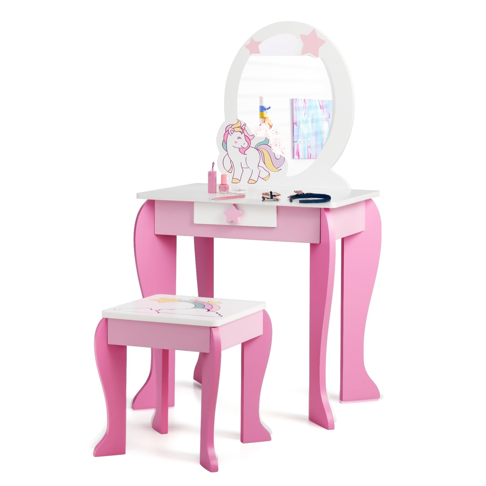 Kids Princess Vanity Table and Chair Set Little Princess Wooden Vanity Set with Detachable Mirror