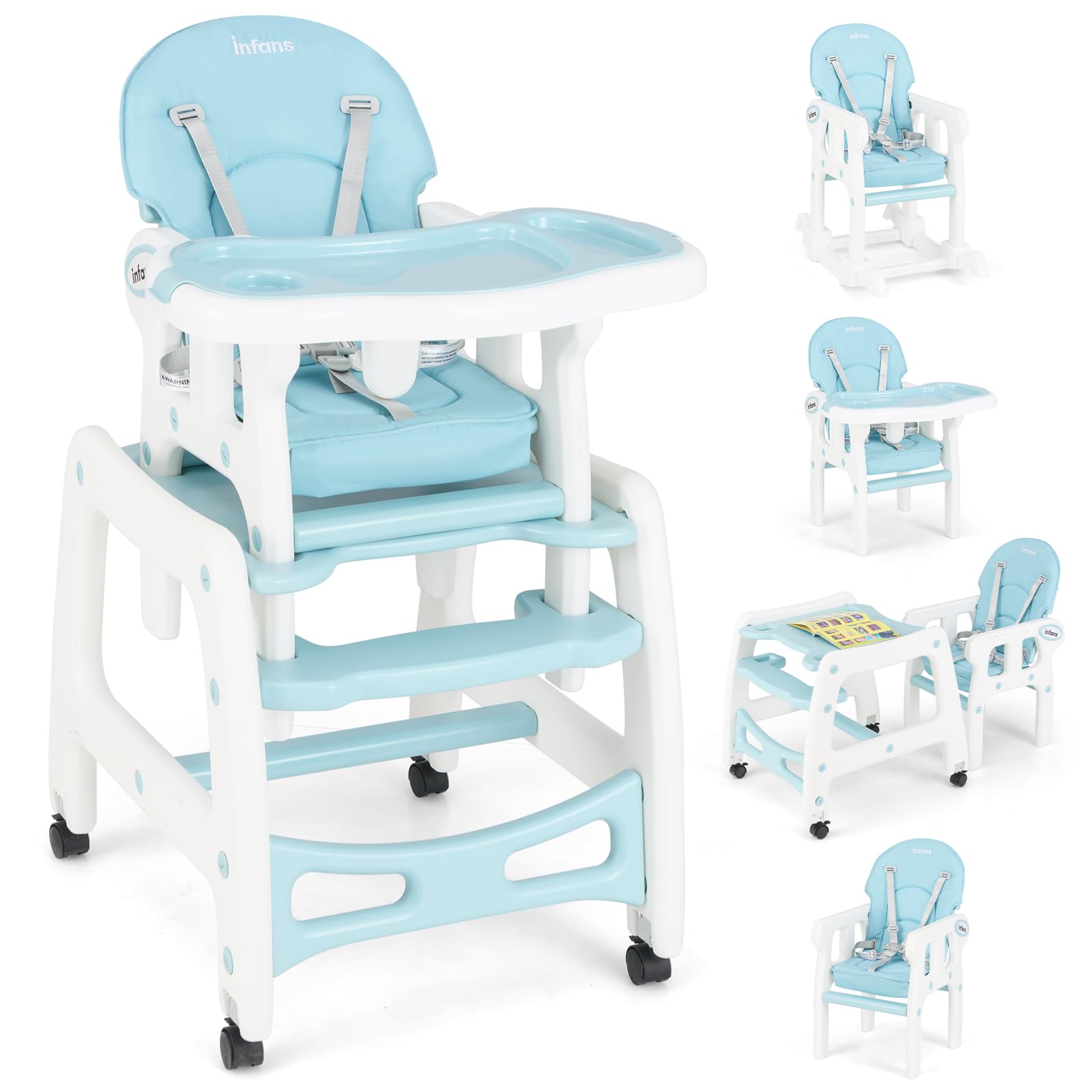 INFANS 5 in 1 Baby High Chair, Convertible Toddler Table Chair Set, Rocking Chair, Multi-Function Seat with Lockable Universal Wheels