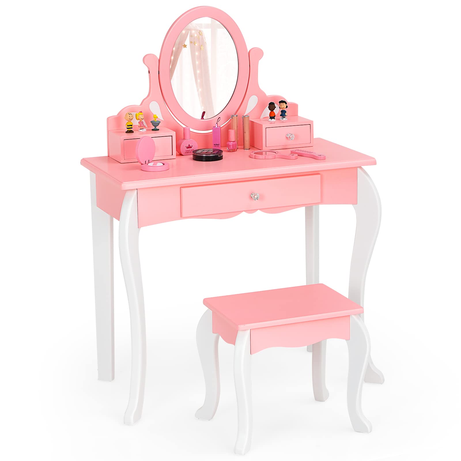 2 in 1 Wooden Princess Makeup Table and Chair Set with 360° Rotating Mirror