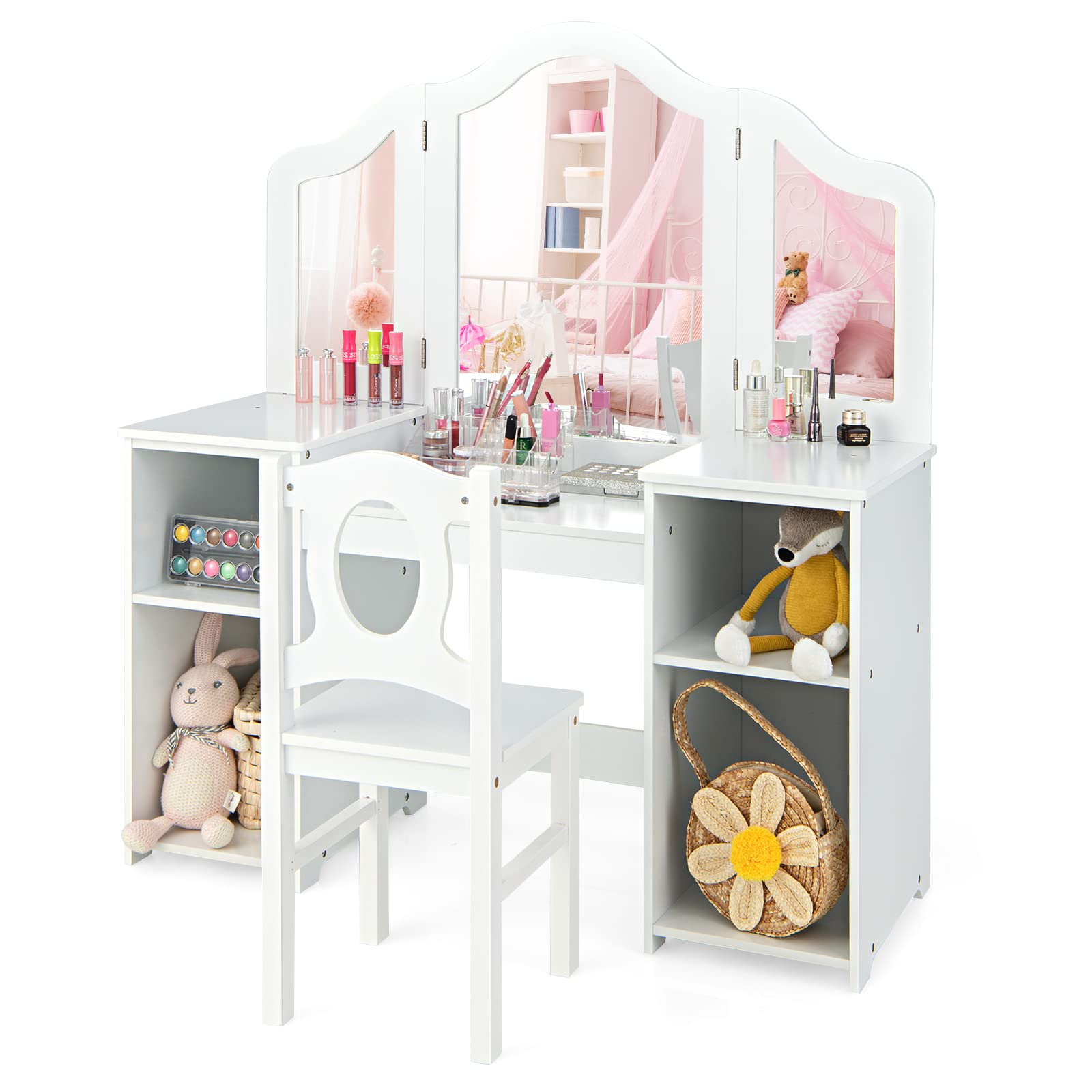 INFANS Kids Vanity, 2 in 1 Princess Makeup Desk & Chair Set, Wooden Dressing Table, Pretend Play Vanity Set for Girls
