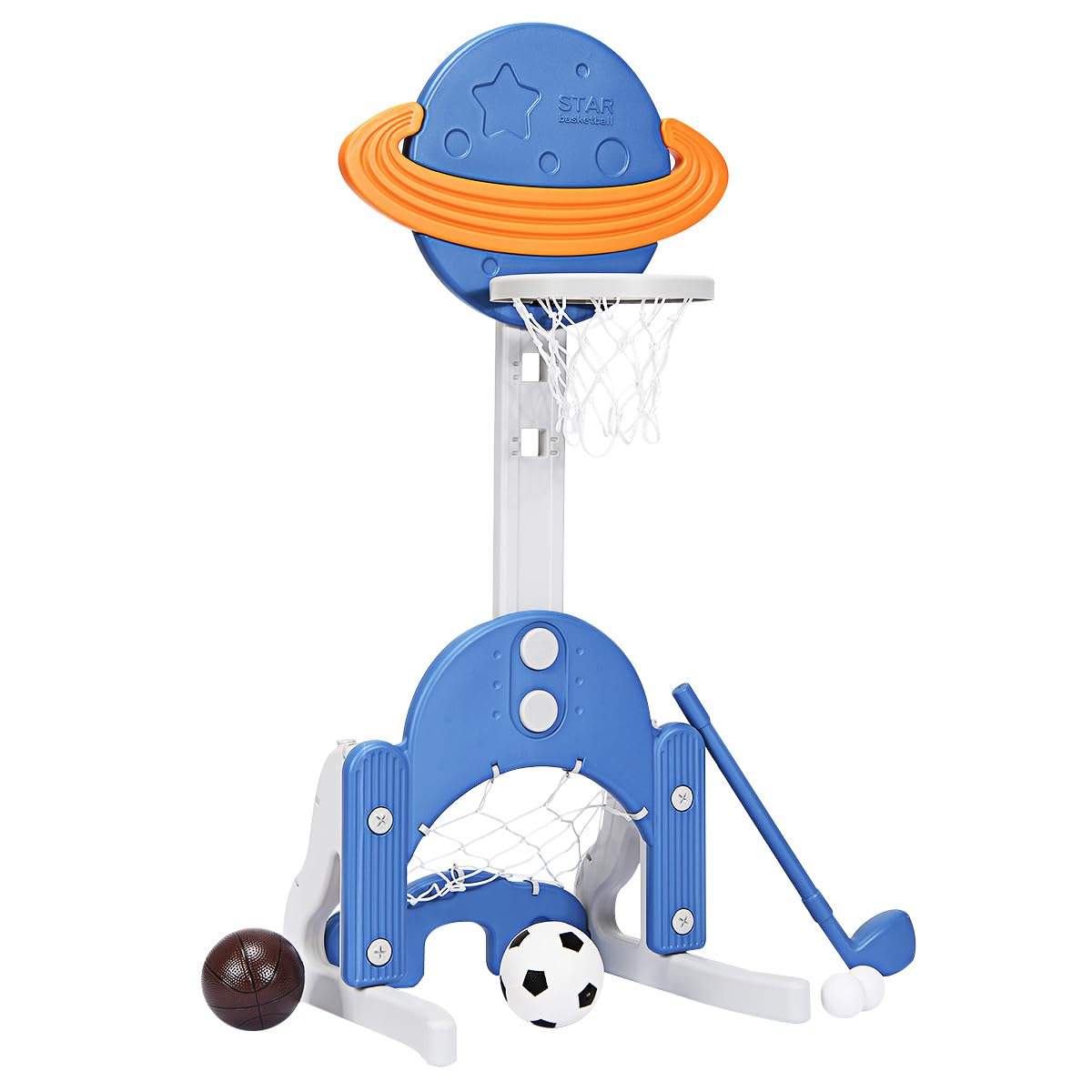 3 in 1 Toddlers Basketball Hoop Stand Adjustable Height Sports Center with Basketball Soccer Golf Game Set