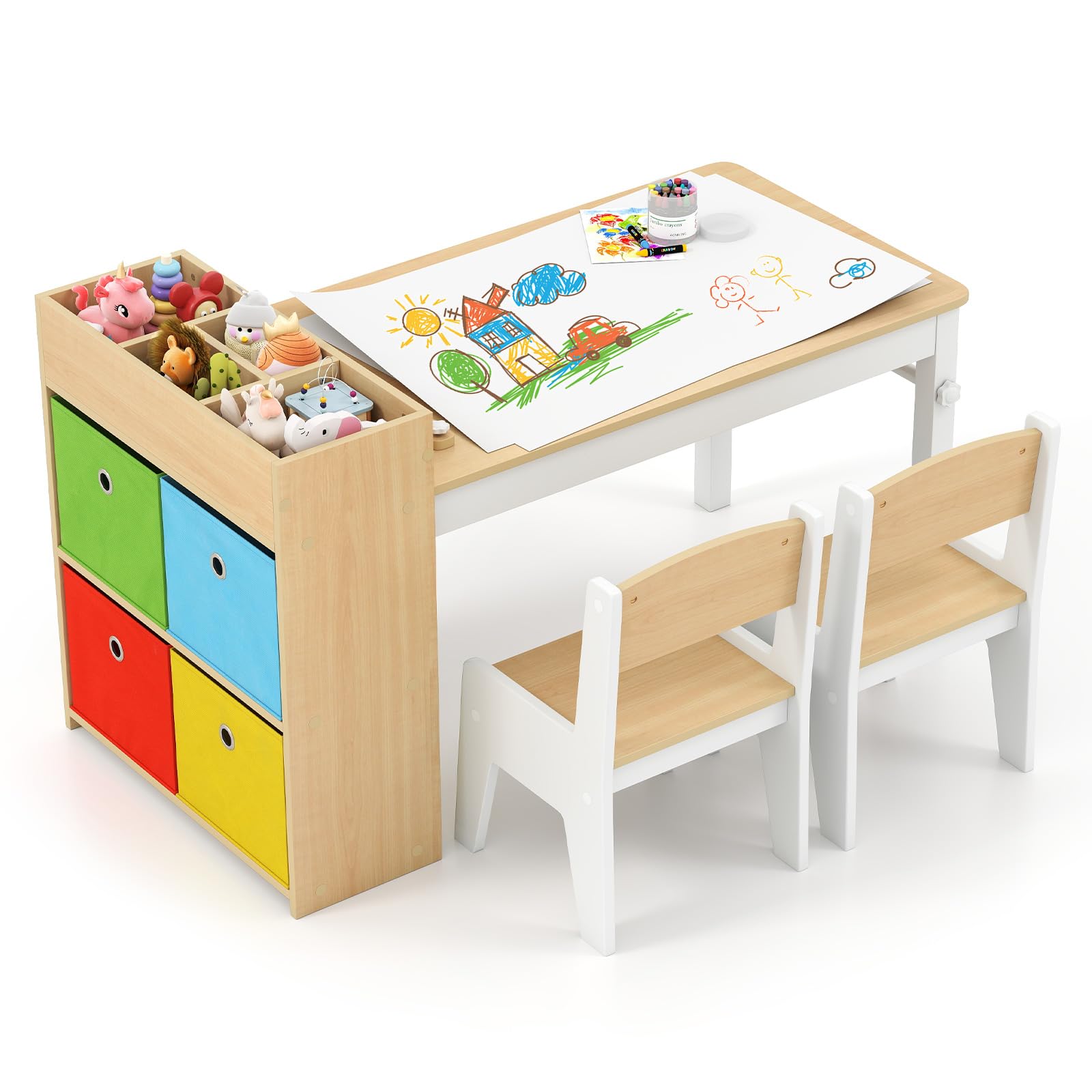 INFANS Kids Table and Chair Set, Toddler Art Craft Play Wood Activity Desk with 2 Chairs 4 Storage Canvas Bins Paper Roll