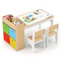 INFANS Kids Table and Chair Set, Toddler Art Craft Play Wood Activity Desk with 2 Chairs 4 Storage Canvas Bins Paper Roll