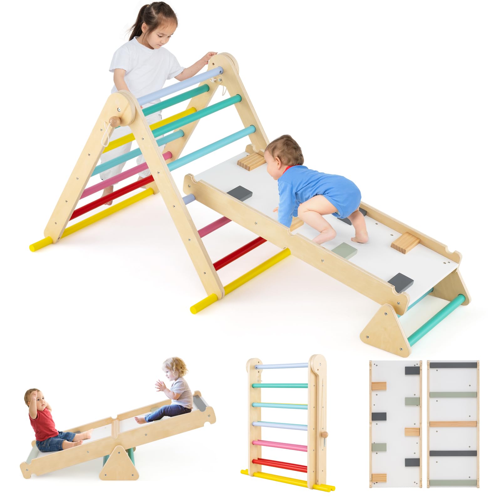 INFANS Pikler Triangle Set 7 in 1 Climbing Toys for Toddlers Foldable Baby Wood Montessori Jungle Gym