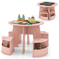 INFANS Toddler Table and Chair Set with 4 Storage Stools, Wooden Flower Shaped Nesting Table with Blackboard Drawers