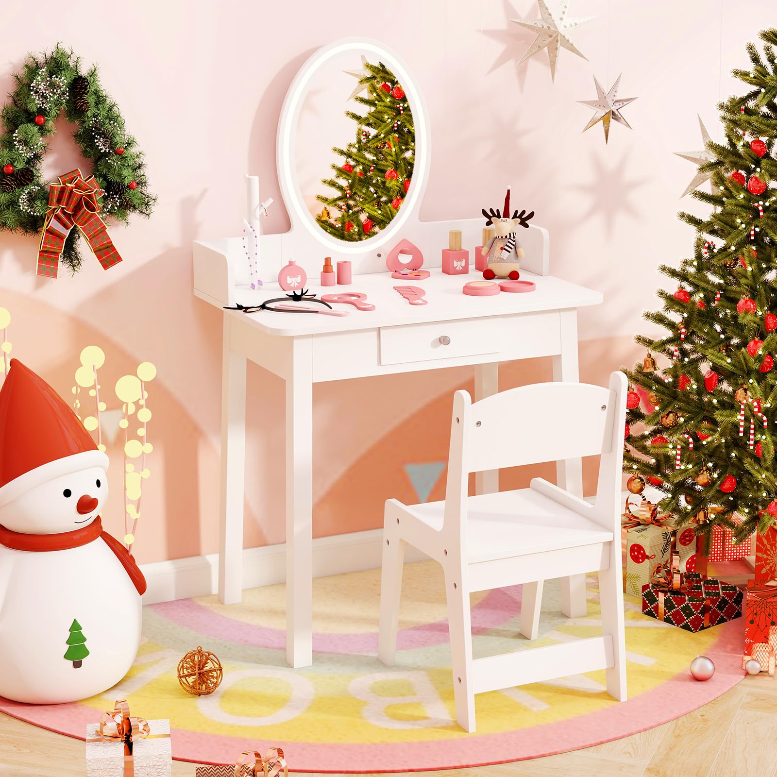 2 in 1 Wooden Princess Makeup Table and Chair with Lighting Mirror