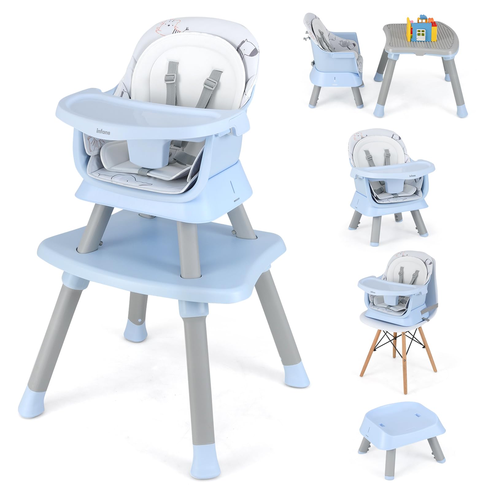 INFANS 8 in 1 Baby High Chair, Convertible Highchair for Babies and Toddlers, Infant Dining Booster Seat, Kids Stool Table Chair Set