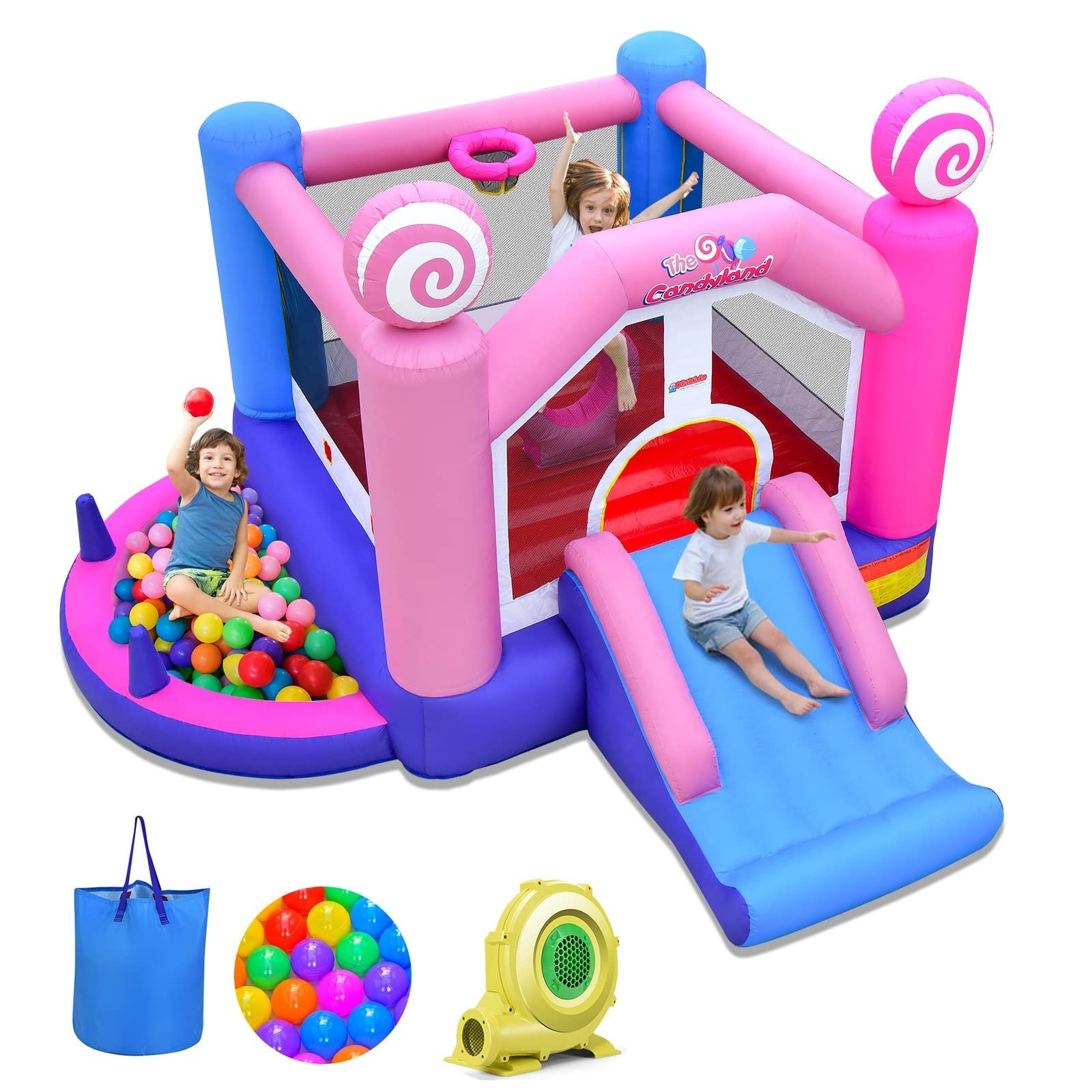 INFANS Inflatable Bounce House, Kids Candyland Pink Jumping Castle with Slide Ball Pit Basketball Rim